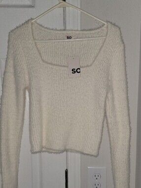 SO Cream Fuzzy Square V-Neck Sweater